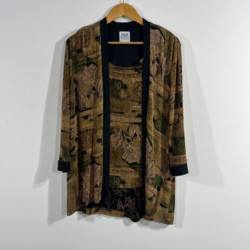 R&M Richards VTG Cardigan Tank Set Earth Tone Tapestry Print Womens XL Statement
